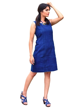 CLASSIC SHORT DRESS IN INDIGO BLUE KHADI COTTON : LD460C-LD460C-S-sm