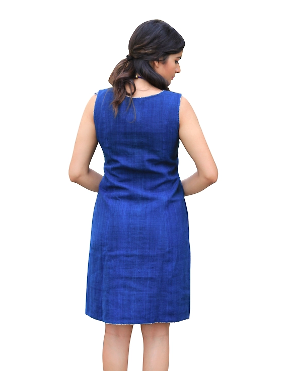 CLASSIC SHORT DRESS IN INDIGO BLUE KHADI COTTON : LD460C-S-2