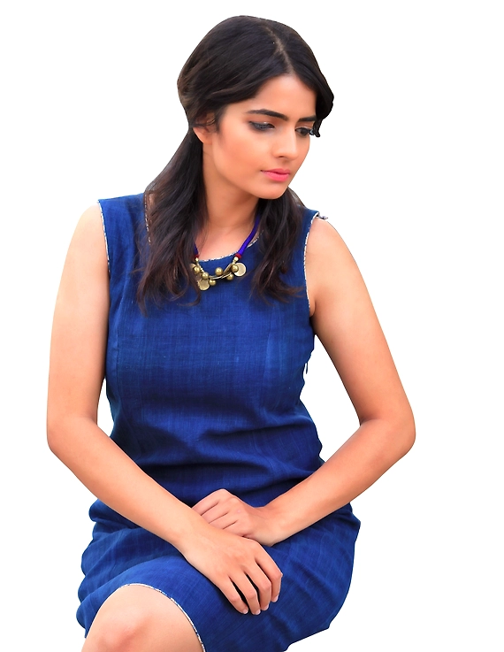 CLASSIC SHORT DRESS IN INDIGO BLUE KHADI COTTON : LD460C-L-1
