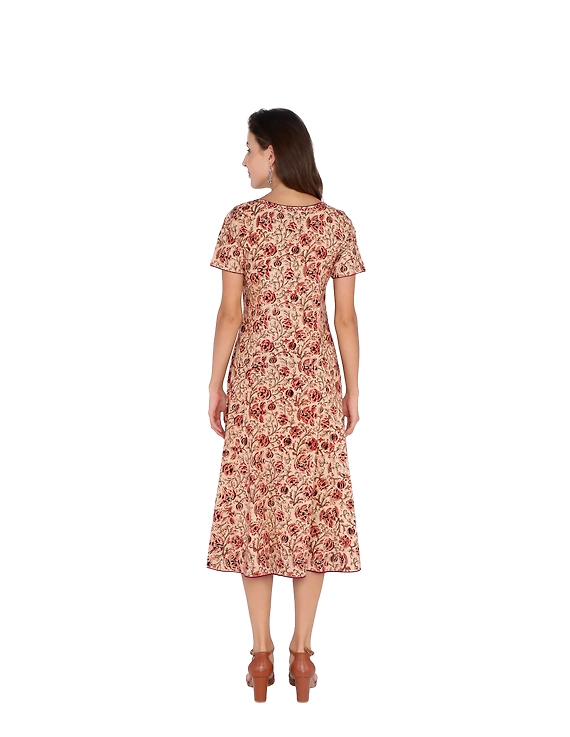 OFFWHITE FLORAL KALAMKARI DRESS WITH A BOAT NECK : LD485B-XL-2