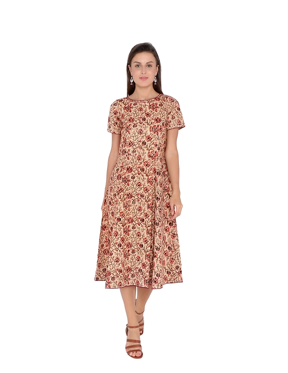 OFFWHITE FLORAL KALAMKARI DRESS WITH A BOAT NECK : LD485B-LD485B-XXL