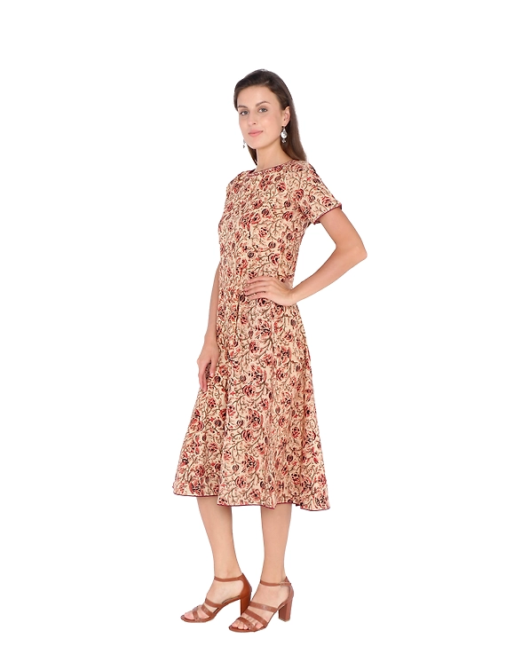 OFFWHITE FLORAL KALAMKARI DRESS WITH A BOAT NECK : LD485B-XXL-1