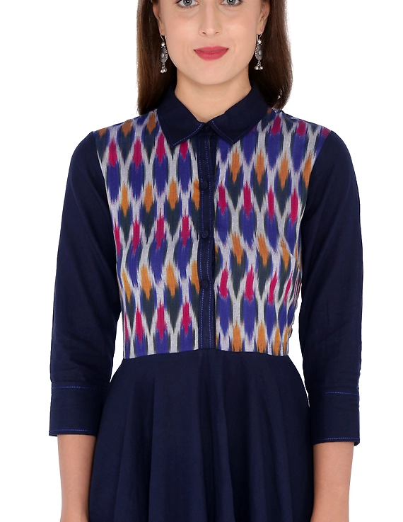 MANGALAGIRI COTTON DRESS IN INDIGO BLUE WITH AN IKAT YOKE : LD500A-S-1