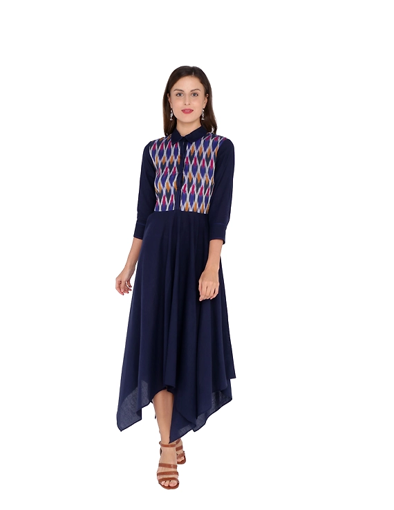 MANGALAGIRI COTTON DRESS IN INDIGO BLUE WITH AN IKAT YOKE : LD500A-LD500A-M