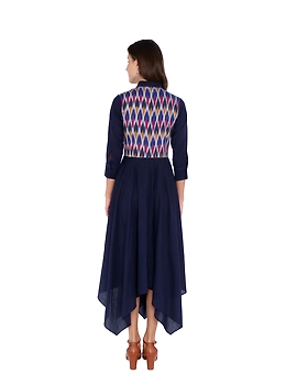MANGALAGIRI COTTON DRESS IN INDIGO BLUE WITH AN IKAT YOKE : LD500A-L-2-sm