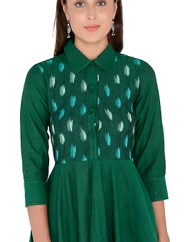 MANGALAGIRI COTTON DRESS IN EMERALD GREEN WITH AN IKAT YOKE : LD500B-L-1-sm