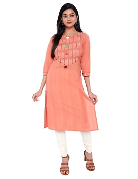 Peach kurta in handloom cotton with lambani embroidered yoke: LK181B-LK181B-S-sm