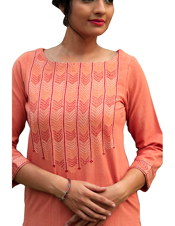 Peach kurta in handloom cotton with lambani embroidered yoke: LK181B-S-1