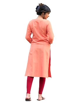 Peach kurta in handloom cotton with lambani embroidered yoke: LK181B-S-2-sm