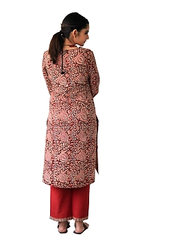EARTHY RED KALAMKARI KURTA WITH PALAZZO PANTS: LK220B-XS-2-sm