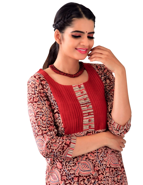 EARTHY RED KALAMKARI KURTA WITH PALAZZO PANTS: LK220B-M-1