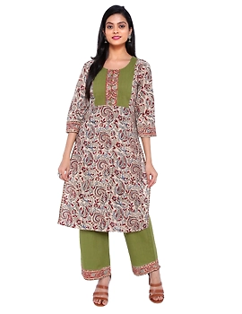 OFF WHITE KALAMKARI PINTUCKS KURTA WITH PALAZZO PANTS : LK220C-LK220C-S-sm