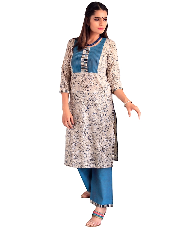 OFF WHITE KALAMKARI PINTUCKS KURTA WITH PALAZZO PANTS : LK220D-LK220D-S