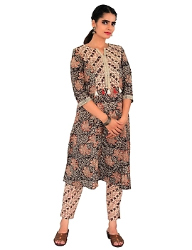 BLACK KALAMKARI TASSEL A LINE KURTA WITH NARROW PANTS: LK230A-LK230A-XS-sm