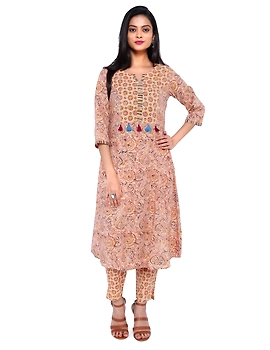 OFF WHITE KALAMKARI TASSEL A LINE KURTA WITH NARROW PANTS : LK230C-LK230C-S-sm