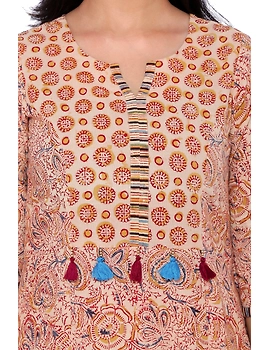 OFF WHITE KALAMKARI TASSEL A LINE KURTA WITH NARROW PANTS : LK230C-S-2-sm