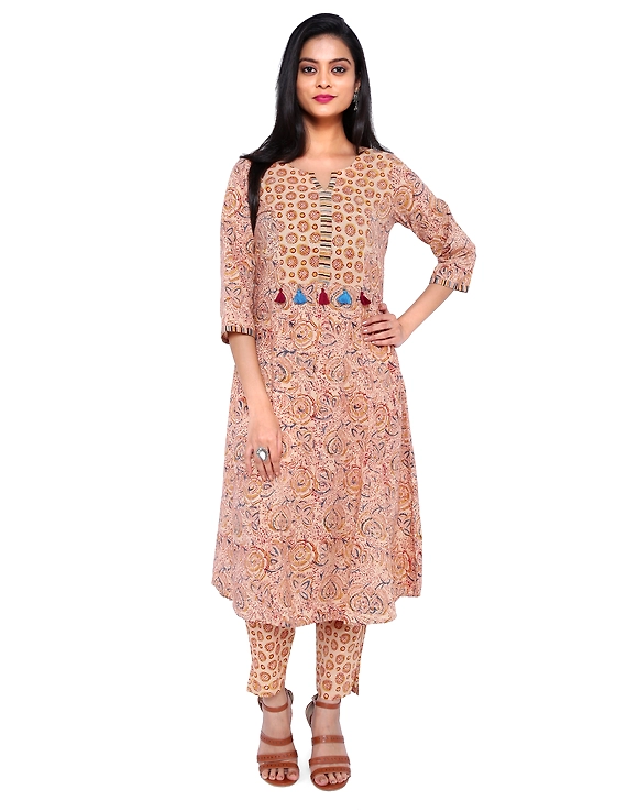 OFF WHITE KALAMKARI TASSEL A LINE KURTA WITH NARROW PANTS : LK230C-M-1