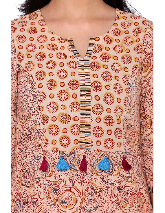 OFF WHITE KALAMKARI TASSEL A LINE KURTA WITH NARROW PANTS : LK230C-M-2