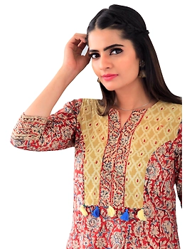 Red kalamkari kurta with matching narrow pants: LK230D-LK230D-S-sm
