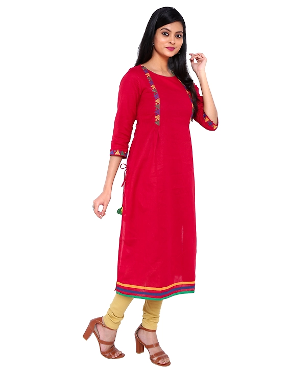 RED LINEN STRAIGHT KURTA WITH SIDE DETAIL DORI : LK290C-M-1