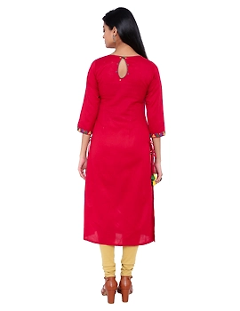 RED LINEN STRAIGHT KURTA WITH SIDE DETAIL DORI : LK290C-L-2-sm