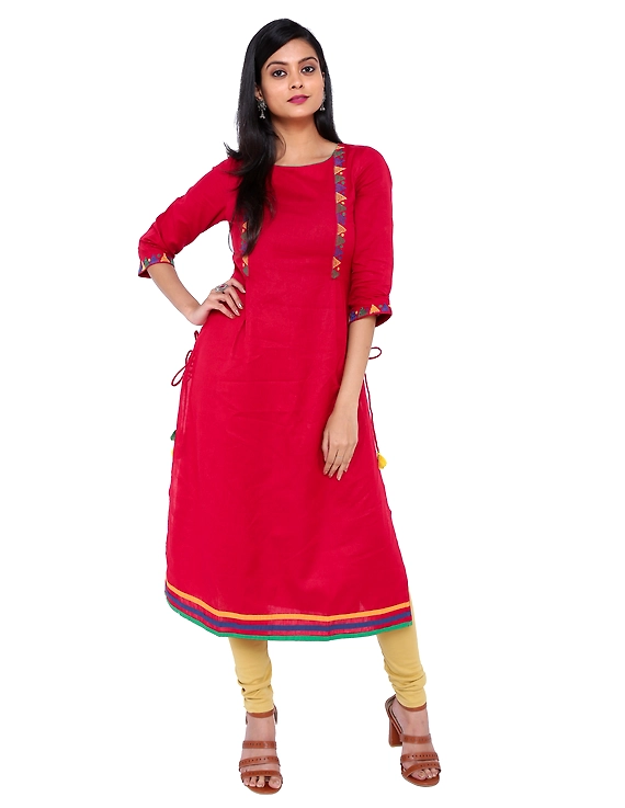 RED LINEN STRAIGHT KURTA WITH SIDE DETAIL DORI : LK290C-LK290C-XL