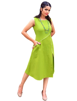 GREEN LINEN PRINCESS SLIT DRESS : LK310A-LK310A-M-sm