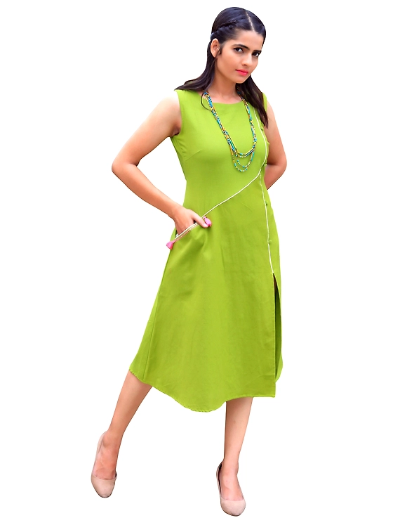 GREEN LINEN PRINCESS SLIT DRESS : LK310A-LK310A-M