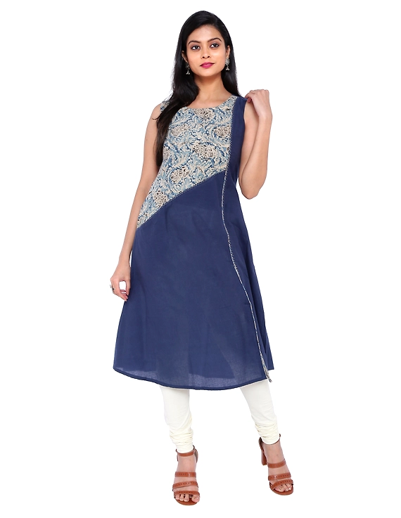 INDIGO BLUE A LINE KURTA WITH FRONT SLIT: LK315B-LK315B-L