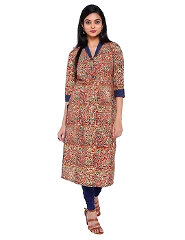 Orange kalamkari straight kurta with shawl collar: LK330C-LK330C-S-sm