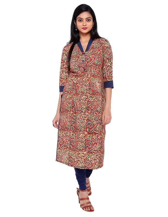 Orange kalamkari straight kurta with shawl collar: LK330C-LK330C-S