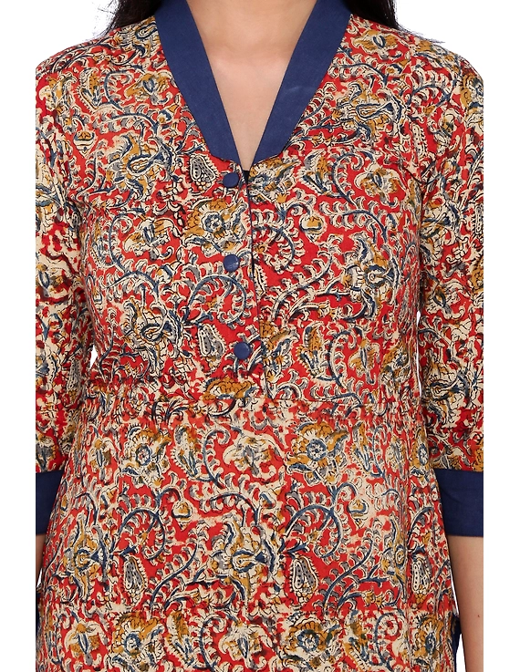 Orange kalamkari straight kurta with shawl collar: LK330C-S-1