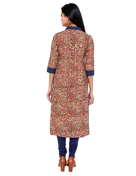 Orange kalamkari straight kurta with shawl collar: LK330C-S-2-sm