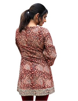 MAROON KALAMKARI SHORT TUNIC : LT111E-L-3-sm