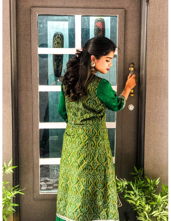 Green hand embroidered chanderi and silk ikat lehenga set: FV110B-S-3