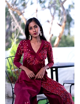 Maroon chanderi and silk ikat angarkha kurta with palazzo set: FV120B-S-2-sm