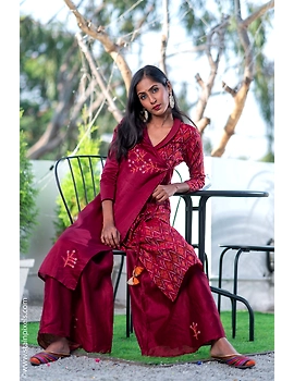 Maroon chanderi and silk ikat angarkha kurta with palazzo set: FV120B-S-1-sm