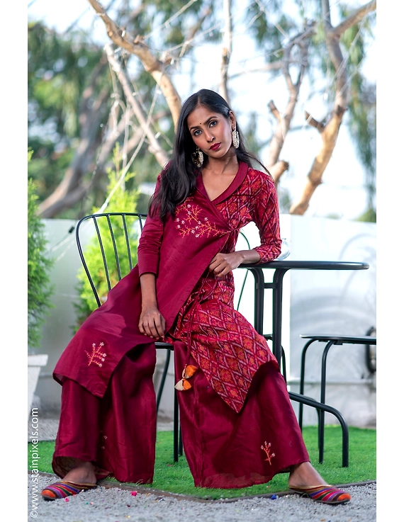 Maroon chanderi and silk ikat angarkha kurta with palazzo set: FV120B-S-1