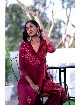 Maroon chanderi and silk ikat angarkha kurta with palazzo set: FV120B-FV120B-S-sm