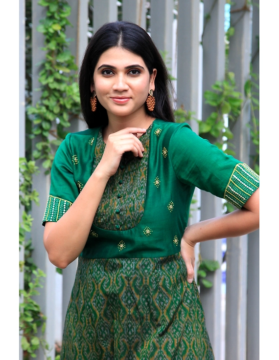 Green chanderi and SICO ikat gown with hand embroidery: FV130A-M-1