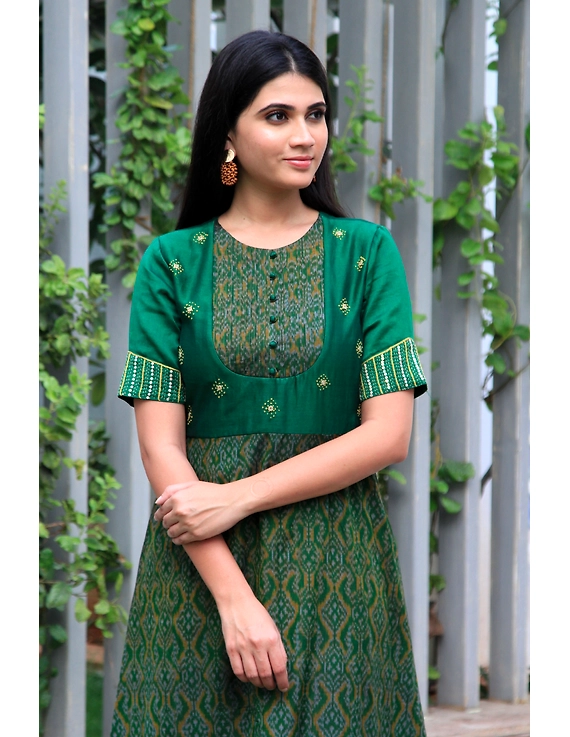 Green chanderi and SICO ikat gown with hand embroidery: FV130A-FV130A-M