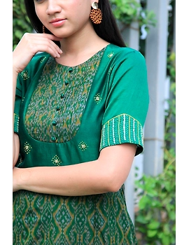 Green chanderi and SICO ikat gown with hand embroidery: FV130A-M-2-sm