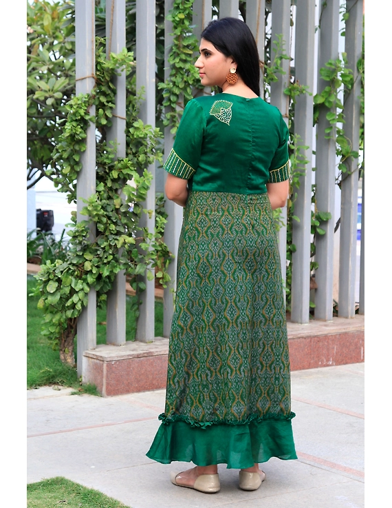 Green chanderi and SICO ikat gown with hand embroidery: FV130A-M-3