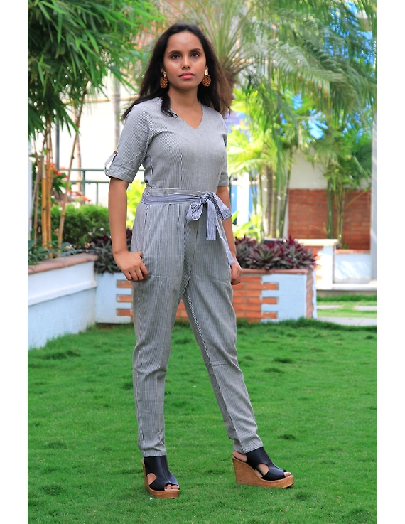 Black and white striped handloom cotton jumpsuit : JS01C-JS01C-S