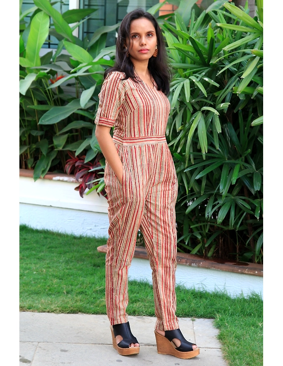 Kalamkari cotton multicolour striped jumpsuit : JS01D-XS-1