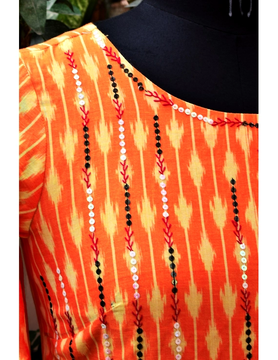 Golden yellow semi silk ikat dress with a handkerchief hem: LD500C-XXL-2