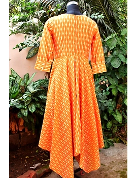 Golden yellow semi silk ikat dress with a handkerchief hem: LD500C-XXL-3-sm