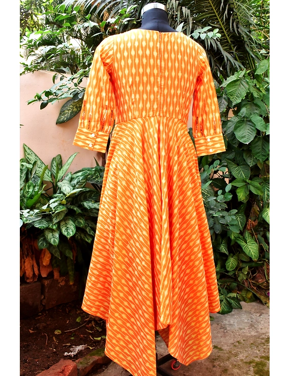 Golden yellow semi silk ikat dress with a handkerchief hem: LD500C-XXL-3