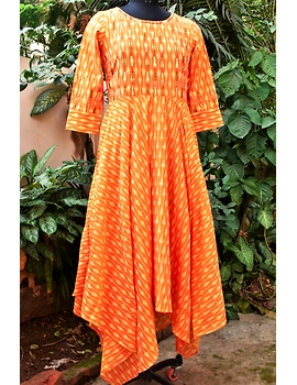 Golden yellow semi silk ikat dress with a handkerchief hem: LD500C-XXL-1-sm
