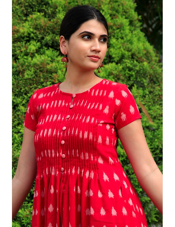 Red ikat calf length dress with pintuck yoke: LD520A-S-1